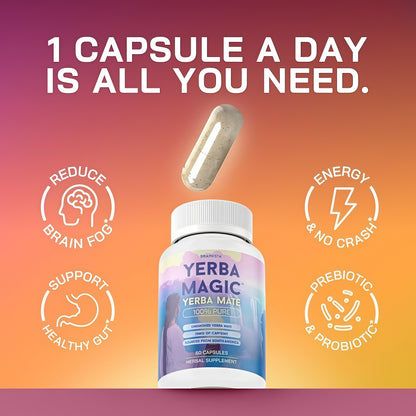 Yerba Mate Capsules, Pure Yerba Mate Extract Capsules, 75mg Natural Caffeine, Coffee Alternative, Clean Energy, No Fillers, Unsmoked South American Herbal Supplement, Magic Mind, 60 Capsules