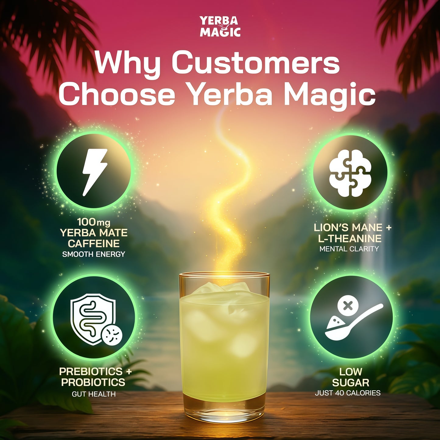 Yerba Magic – Yerba Mate Tea Instant Powder Super Drink with Nootropics, Prebiotics & Probiotics – Clean Energy, Mental Clarity & Gut Wellness | Low Sugar, Natural Caffeine – 30 Servings