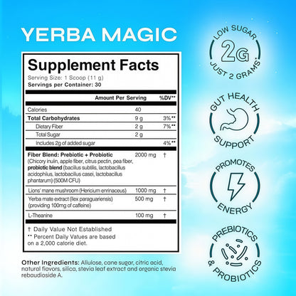 Yerba Magic – Yerba Mate Tea Instant Powder Super Drink with Nootropics, Prebiotics & Probiotics – Clean Energy, Mental Clarity & Gut Wellness | Low Sugar, Natural Caffeine – 30 Servings