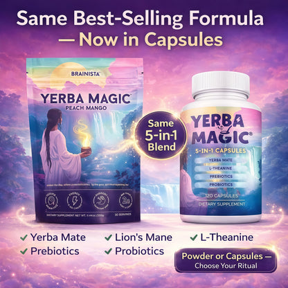 Yerba Magic – Yerba Mate Tea Instant Powder Super Drink with Nootropics, Prebiotics & Probiotics – Clean Energy, Mental Clarity & Gut Wellness | Low Sugar, Natural Caffeine – 30 Servings