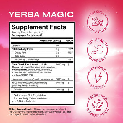 Yerba Magic – Yerba Mate Tea Instant Powder Super Drink with Nootropics, Prebiotics & Probiotics – Clean Energy, Mental Clarity & Gut Wellness | Low Sugar, Natural Caffeine – 30 Servings